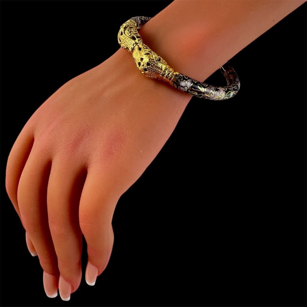 Black & Gold Chinese Cloisonne Bangle Bracelet w Double Serpent Reptile Heads